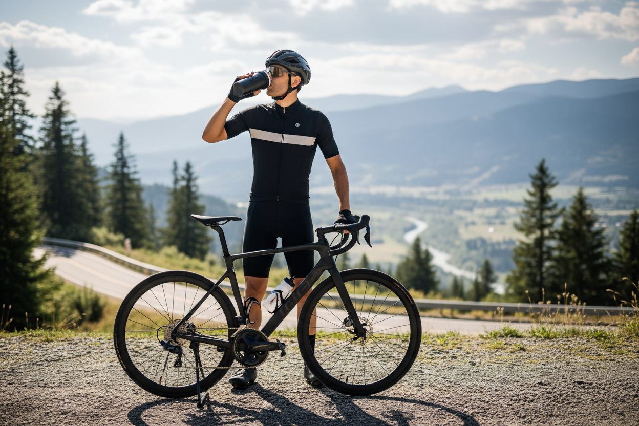 A cyclist stood next to his bike drinking from a shaker cup